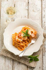 linguine with giant shrimp and tomato sauce with basil