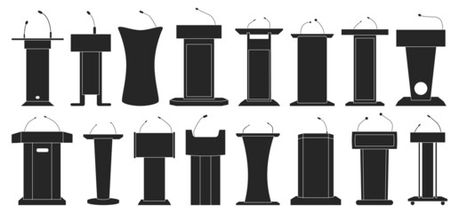 Tribunal of of podium black vector illustration on white background . Rostrum and podium set icon.Isolated vector illustration icon tribunal with microphone. - obrazy, fototapety, plakaty