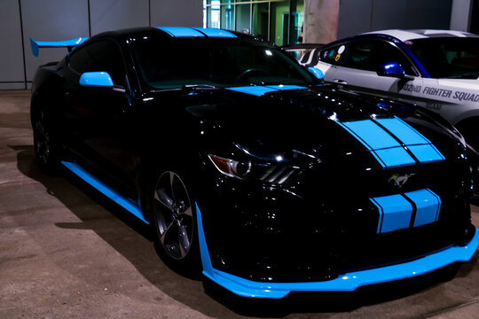 Wroclaw, Poland, August 20, 2021: the front of the car Ford Mustang.