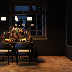 Modern Halloween living room interior. 3d rendering. Festive dinner decor. Place for text