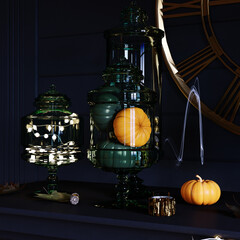 Fototapeta na wymiar Modern Halloween living room interior. Holiday decor. 3d rendering