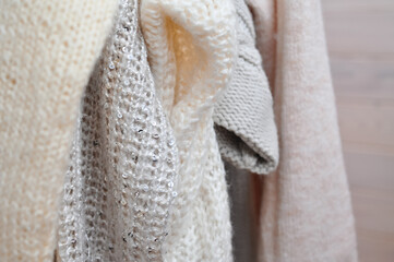 Close up of cozy warm sweaters copy space 