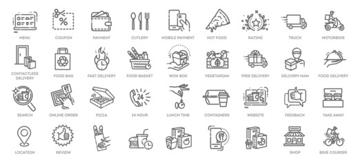 Food delivery - thin line web icon set. Outline icons collection