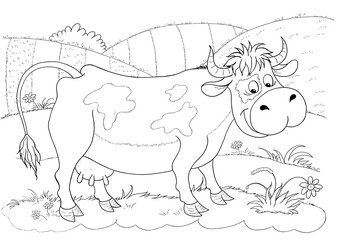 At the farm. A cute cow. Coloring page. Illustration for children. Cute and funny cartoon characters
