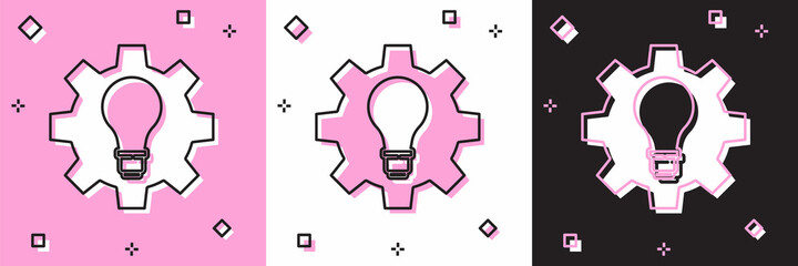 Set Light bulb and gear icon isolated on pink and white, black background. Innovation concept. Business idea. Vector
