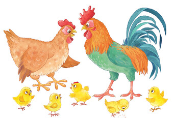 At the farm. Cute hen, rooster and their chicks. Coloring page. Illustration for children. Cute and funny cartoon characters