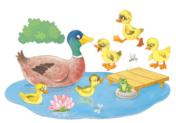 Obraz na płótnie Canvas At the farm. Mother duck and her ducklings. Coloring page. Illustration for children. Cute and funny cartoon characters
