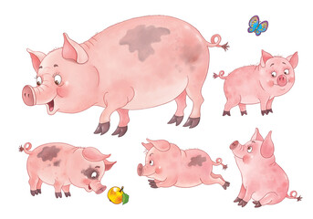 At the farm. Mother pig and her babies. Coloring page. Illustration for children. Cute and funny cartoon characters