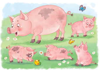 At the farm. Mother pig and her babies. Coloring page. Illustration for children. Cute and funny cartoon characters