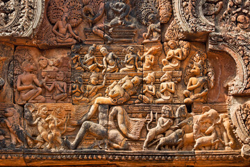 Fototapeta premium Carved detail at Banteay Srei Khmer temple, Siem Reap, Cambodia