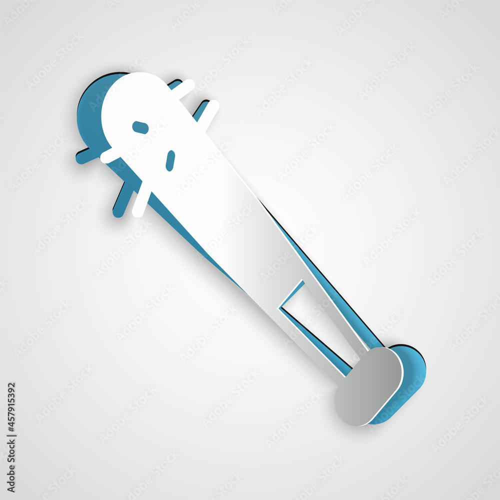 Sticker Paper cut Baseball bat with nails icon isolated on grey background. Violent weapon. Paper art style. Vector