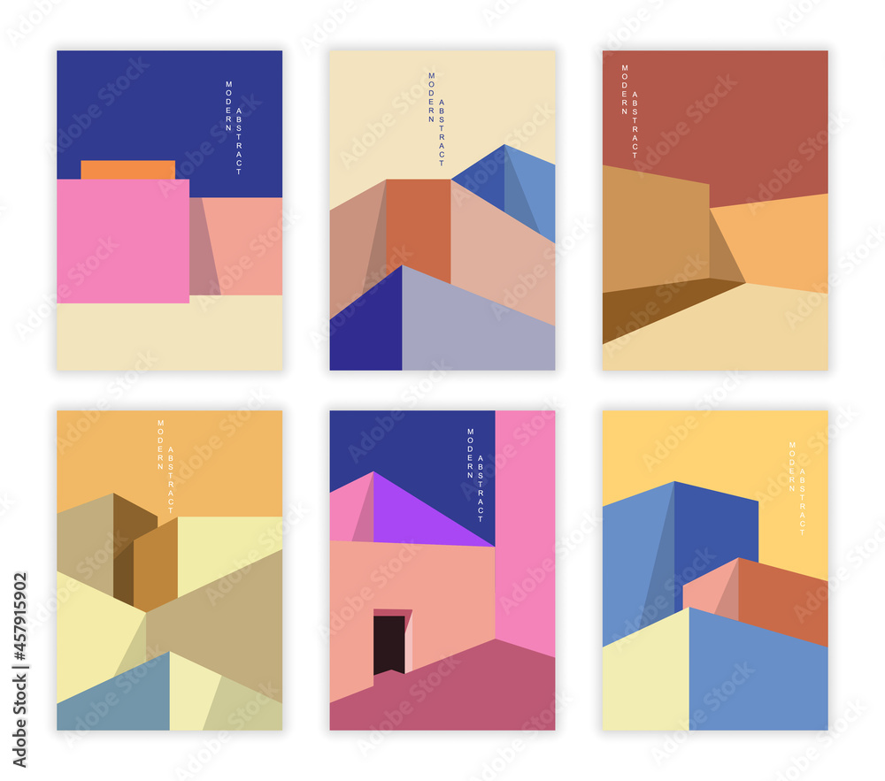 Wall mural abstract architectural posters. set of colorful templates with geometric shapes, shadow and inscript