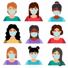 Group of people with protective medical masks, female faces avatars isolated icons set, flat vector illustration