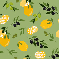 Seamless pattern of lemons and green and black olives with branches and leaves. Abstract fruit and vegetable ornament for textiles, fabrics, kitchens. Vector graphics.