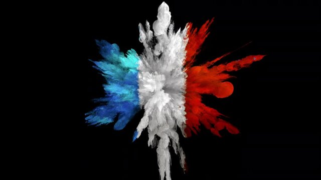 Colorful smoke powder explosion. Coloured fluid ink particles forming the France flag in slow motion. Isolated on black background. Alpha matte 4k.