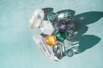 Top view of colorful healing minerals, crystals, gemstoes for relaxation and meditation