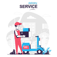 Delivery service isolated cartoon concept. Courier on moped delivering parcels, fast shipping people scene in flat design. Vector illustration for blogging, website, mobile app, promotional materials.