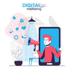 Digital marketing isolated cartoon concept. Online advertising campaign at mobile app, people scene in flat design. Vector illustration for blogging, website, mobile app, promotional materials.