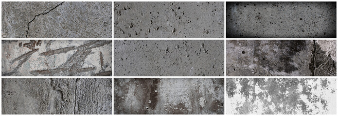 Texture set of old cracked concrete walls. Collection of panoramic backgrounds for design. Rough gray concrete surfaces.