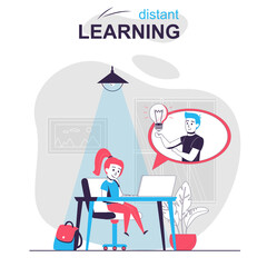Distant learning isolated cartoon concept. Student studies at home using using video lessons people scene in flat design. Vector illustration for blogging, website, mobile app, promotional materials.