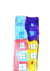 Children drawing of a colored multi-storey building