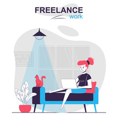 Fototapeta na wymiar Freelance work isolated cartoon concept. Remote worker working from home, online employee people scene in flat design. Vector illustration for blogging, website, mobile app, promotional materials.