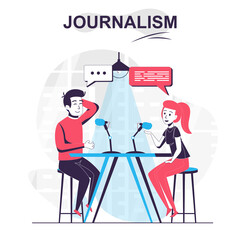 Journalism isolated cartoon concept. Journalist talks to guest of TV show and interviews, people scene in flat design. Vector illustration for blogging, website, mobile app, promotional materials.