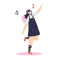Young girl dancing listening music in headphones. Female enjoy sound and song in earphones