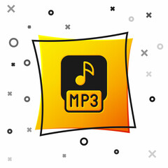 Black MP3 file document. Download mp3 button icon isolated on white background. Mp3 music format sign. MP3 file symbol. Yellow square button. Vector