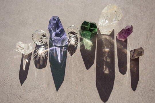 Flat lay of beautiful colorful crystals. Top view of healing minerals and gemstoes