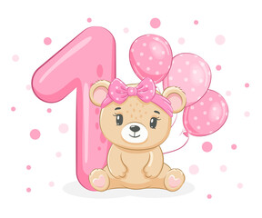 An illustration from the cartoon "Happy birthday, 1 year", a cute little bear girl. Vector illustration.