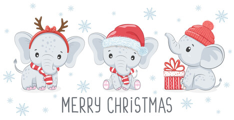 A set of three cute and sweet baby elephants for the New Year and Christmas. The elephant boy. Vector illustration of a cartoon.