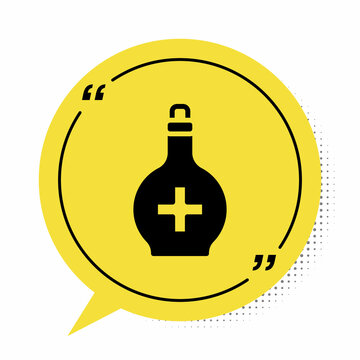 Black Bottle with potion icon isolated on white background. Flask with magic potion. Happy Halloween party. Yellow speech bubble symbol. Vector