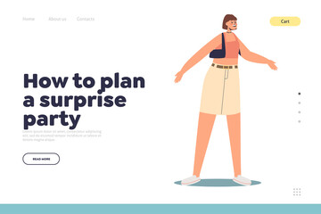 Plan surprise party concept of landing page with astonished young woman with surprised and excited