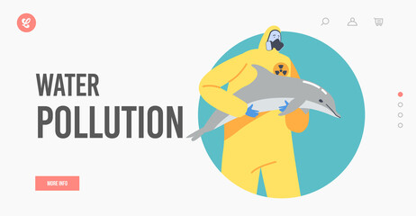 Water Pollution Landing Page Template. Ocean Contamination, Ecological Catastrophe Concept. Character with Dead Dolphin
