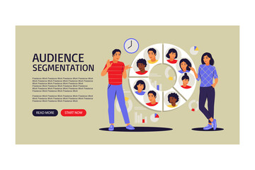 Audience segmentation concept. Landing page for web. People near a large circular chart with images of people. Vector illustration. Flat. - obrazy, fototapety, plakaty