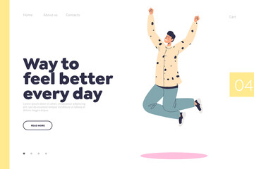 Happy every day concept of landing page with excited joyful man jumping up with overjoyed smile
