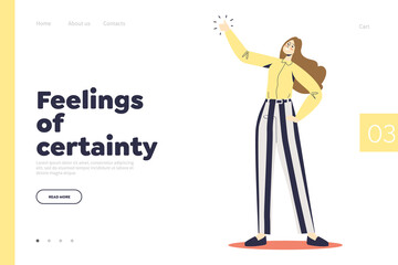 Feeling of certainty concept of landing page with happy young woman showing thumb up hand gesture