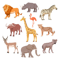 African Savannah Wild Animal Set. Lion, Rhino, Zebra, Buffalo, Giraffe, Flamingo, Leopard, Gazelle, Elephant, Hyena. Flat Vector Illustration. Animals of Africa. Savannh Safari Concept