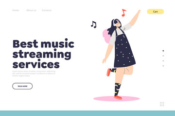 Online music streaming service concept of landing page with girl dancing wearing headphones