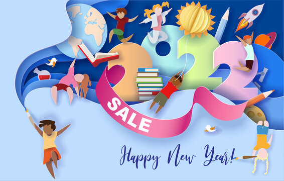2022 New Year design card with kids on blue background.