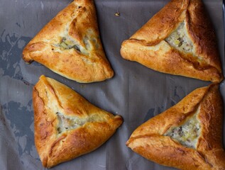 Homemade baked goods filled with meat and potatoes straight from the oven. Flatlay