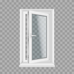 Fototapeta premium Open realistic glass transparent plastic window with windowsills and opening handle