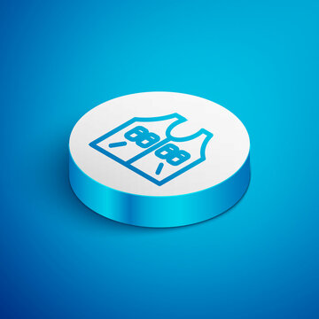 Isometric line Hunting jacket icon isolated on blue background. Hunting vest. White circle button. Vector