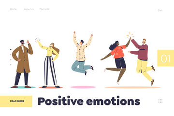 Positive emotion concept of landing page with people cheering happy giving high five celebrating