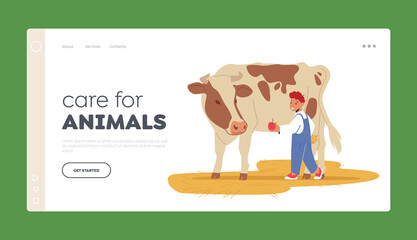 Care for Animals Landing Page Template. Kid Feeding Cow at Farm or Outdoor Zoo Park. Little Boy Giving Apple to Calf