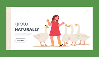 Little Girl Feeding Fowl Landing Page Template. Child in Outdoor Zoo Park or Farm. Baby Care of Geese Birds on Farmland