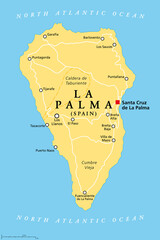La Palma island, political map, with capital Santa Cruz. San Miguel de La Palma, north-western island of Canary Islands, autonomous community of Spain. With the Caldera de Taburiente and Cumbre Vieja.
