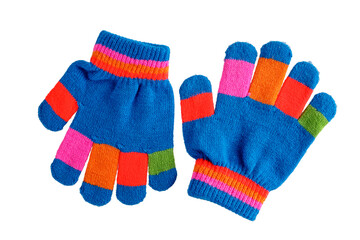 children's textile cotton gloves mittens for kids, colorful bright, warm wool, insulated on a white background
