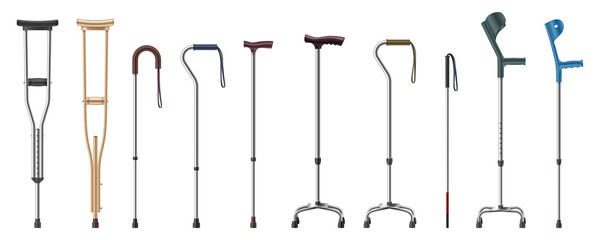 Collection of realistic crutches and walking sticks. Metal and wooden canes, telescopic elbow crutch